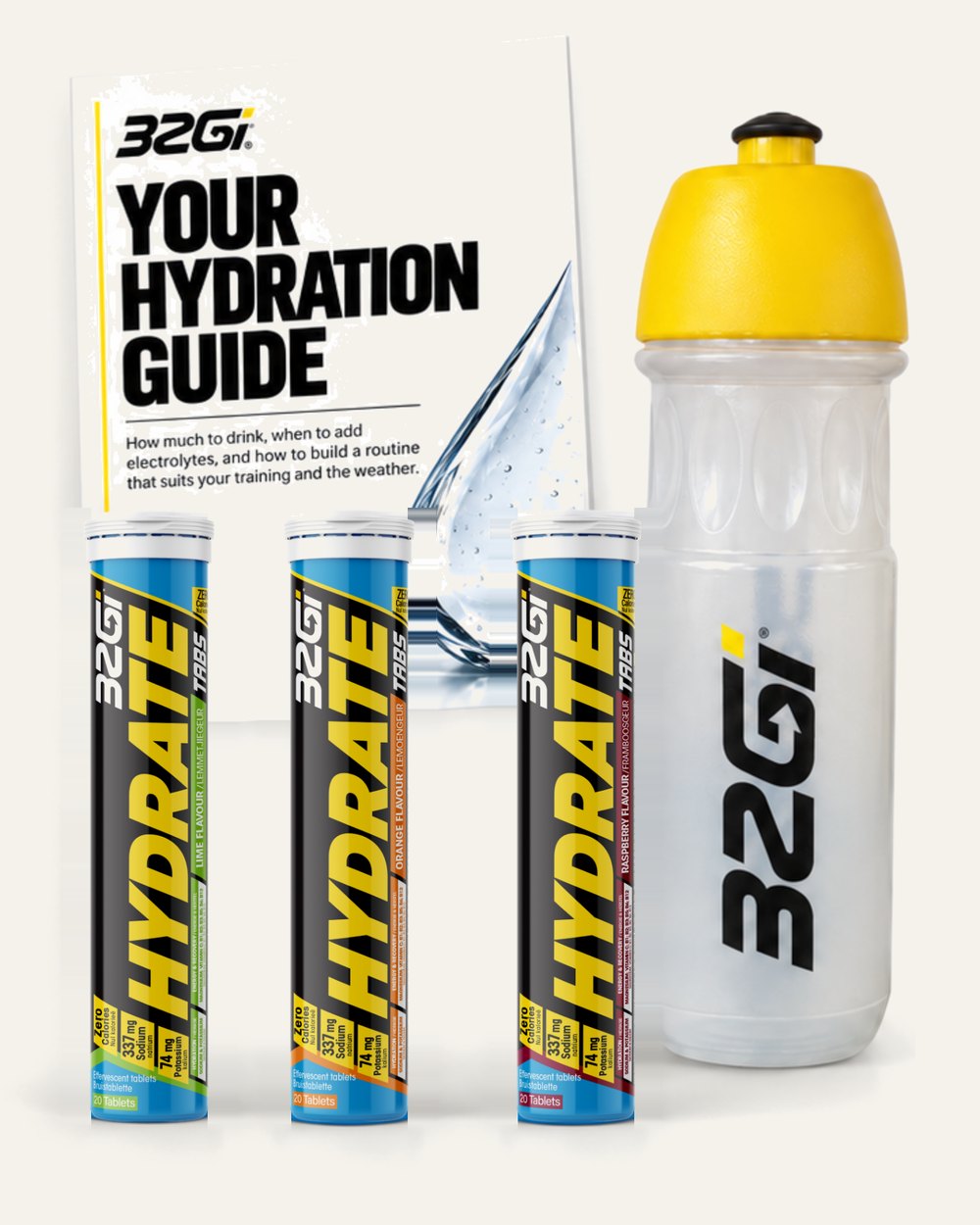 Everything in the bundle: three Hydrate tubes, the 32Gi bottle and Your Hydration Guide.