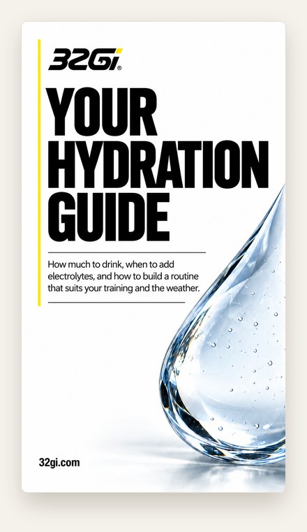Your Hydration Guide by 32Gi. Cover: how much to drink, when to add electrolytes, and how to build a routine that suits your training and the weather.